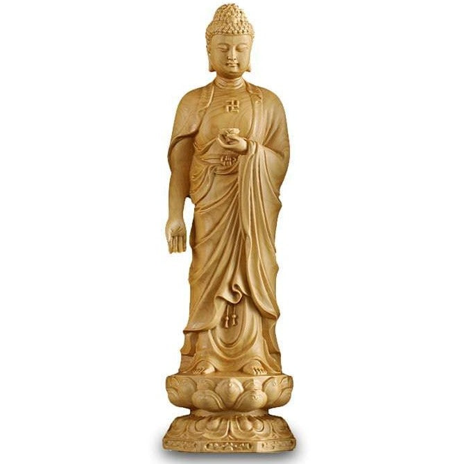 Bouddha rieur en bois Statue debout faite à la main Peint Feng Shuai Tibétain - France Bouddha rieur en bois Statue debout faite à la main Peint Feng Shuai Tibétain - France
